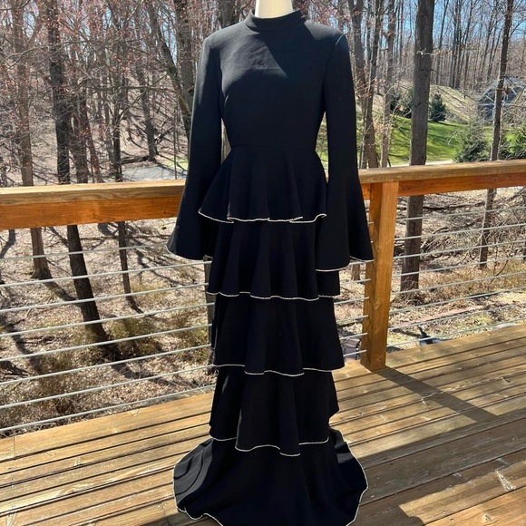 NWT Rachel Zoe Paola Tiered Crystal Embellished Crepe Black Maxi Gown Dress - Picture 2 of 10